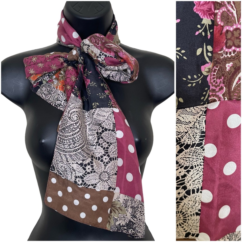 Vtg Silk Neck Purse Scarf Floral Paisley Polka Dot Patchwork Boho Made In India‎